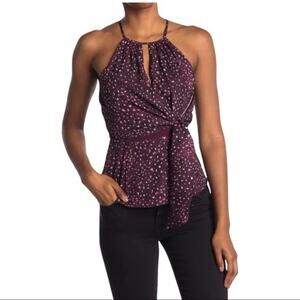 Parker Burgundy Drape Front Halter Keyhole Printed Top Size Large NWT Large